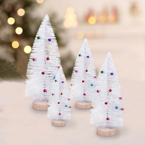 Set of four mini white PVC Christmas trees with colorful ball ornaments and wood bases
