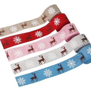 Leinen-Weihnachtsbänder mit Schneeflocken und Rentier-Motiven in 5 verschiedenen Farben