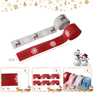 5cm Weihnachtliches Leinenband mit glitzerndem Rentier- und Schneeflockenmuster