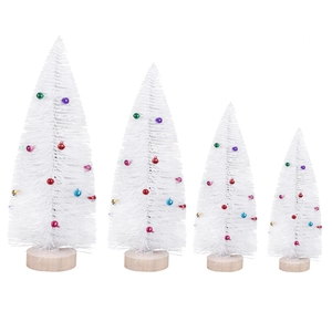 Set of four mini white sisal Christmas trees with colorful ornaments on wooden bases