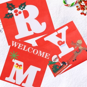 Close-up of red Christmas felt door banners with Santa, reindeer and Welcome letters