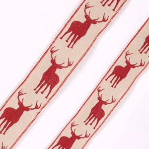 Rustikales Weihnachtsband aus Leinen mit roten Rentieren und genähten Kanten 6,5cm