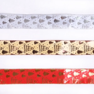 6.3cm wide Christmas ribbons with metallic tree prints and festive typography