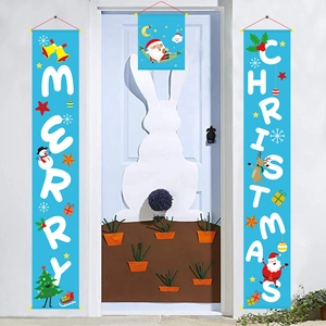 Blue Merry Christmas porch banners with Santa and reindeer illustrations for door decor