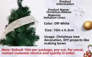 Detail of 10m cream linen Christmas ribbon with gold glitter snowflakes and stars
