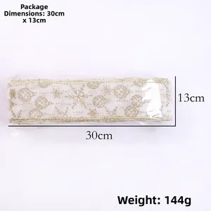 Detail of Christmas ribbon with gold glitter snowflakes, packaged 30cm long and 144g weight