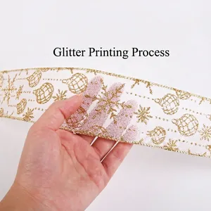 White mesh Christmas ribbon with gold glitter snowflake and ornament prints