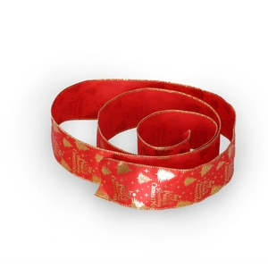 Detail von rotem Weihnachtband mit goldenen Kanten, Feiertagsgrüßen und Baumdrucken