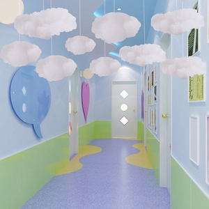 Detailed view of 3D hanging cloud decorations made of white fluffy fiber for ceilings