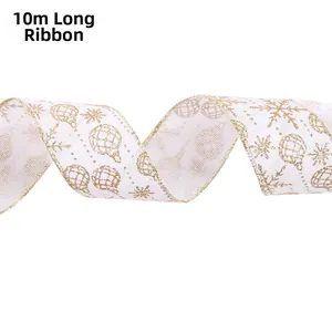 10m white semi-transparent ribbon with golden glitter snowflake and Christmas ball patterns