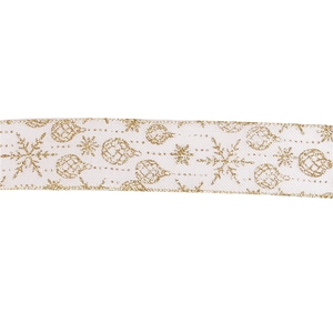 Detail of white Christmas ribbon with gold glitter snowflake and bell patterns