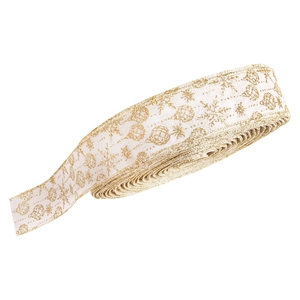 White Christmas ribbon with gold glitter snowflakes for festive tree decoration