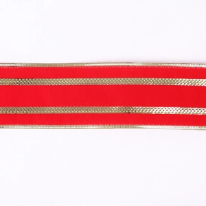 Red velvet Christmas ribbon with gold striped edges for festive wreath and gift decor