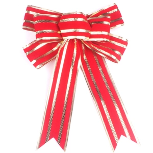 Exquisite red velvet Christmas bow with gold stripes and swallowtail design