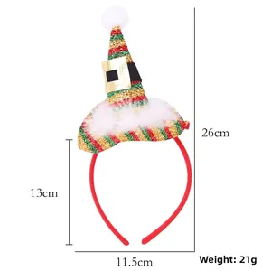 Elf hat headband with red green sequins and dimensions of 26cm height and 11.5cm width