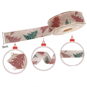 5cm Christmas burlap ribbon with red and green tree patterns for tree decoration