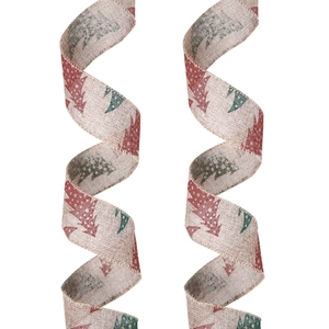Christmas faux linen ribbon set with red and green tree patterns for holiday decor