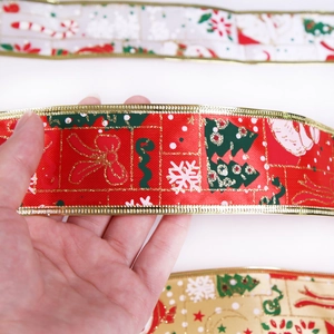 Christmas snowman printed ribbons with gold edges for festive holiday tree decoration