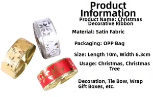 Detail of 10m Christmas floral satin ribbons in gold, white, and red for gift wrapping