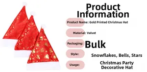 Detailed view of red plush Christmas hats with golden snowflake and star prints