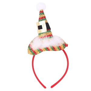 Christmas headband with striped sequin elf hat and white faux fur trim for holiday parties
