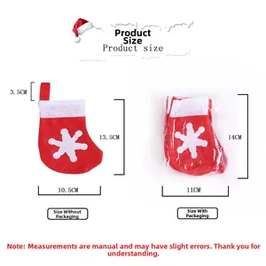 Red non-woven Christmas stocking hanging ornament with snowflake patterns and size details