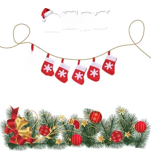 Close-up of 6-piece red felt Christmas socks with white snowflake prints on a brown string