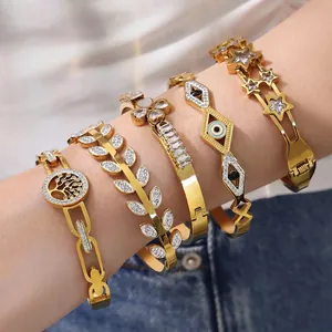 Stainless Steel Bangle Bracelet Gold Plated Zircon Inlaid Evil Eye Tree Of Life Star Clover Olive Leaf Fashion Jewelry
