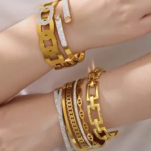 18K Vergoldetes Edelstahl Armband Armreif Geometrisch Hohl 5A Zirkon Luxus Klobige NK Kette Modeschmuck Für Damen