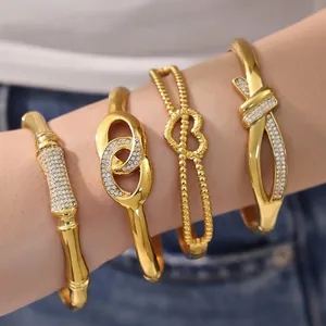 Stainless Steel Bangle Bracelet For Women With Zircon Heart Bamboo Knot Design Elegant Fashion Jewelry 18K Gold Plated