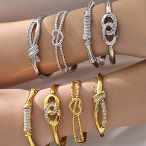 Chic heart and geometric stainless steel bracelets with zirconia for women