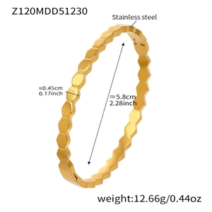Detail view of 18k gold plated stainless steel hexagonal bangle with size measurements