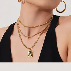 Retro Square Portrait Pendant Necklace Stainless Steel Gold Plated Layered Chain With Artificial Pearl Angel Relief For Women