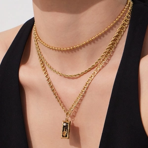Three-layer 18k gold plated stainless steel necklace set with black rectangle pendant