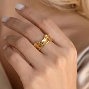 Irregular Fold Texture Open Ring Stainless Steel 18K Gold Plated Wavy Liquid Metal Style Minimalist Jewelry For Women