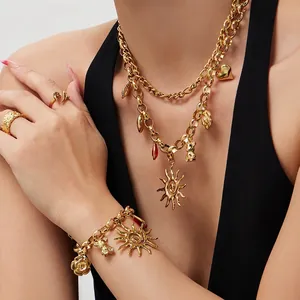 Stainless Steel Multi Charm Necklace And Bracelet Sun Bear Rose Heart Zircon Red Glass Stone Retro Punk Jewelry Trendy