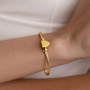 Heart Pendant Twisted Rope Cable Open Bangle Stainless Steel 18K Gold Plated Geometric Fashion Jewelry For Women
