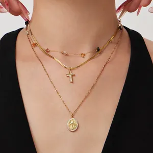 Double Layered Necklace Gold Plated Stainless Steel Cross And Virgin Mary Medallion Pendant Snake Chain Zircon For Women