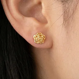 3D Rose Flower Stud Earrings Stainless Steel Plated Gold Vintage French Style For Women Elegant Delicate Accessories