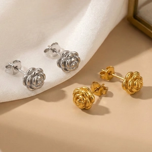Luxe 18k gold and silver plated stainless steel 3D rose flower stud earrings for women