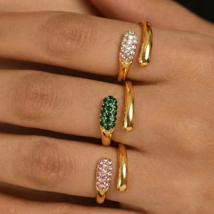 Stackable 18K gold plated open rings set with pink, green and white crystal rhinestones