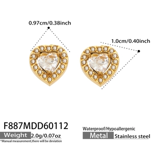Detail view of 18k gold plated heart stud earrings with white zircon stones and dimensions