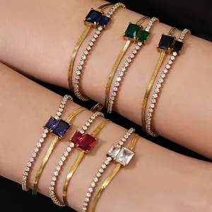 Double Layer Bracelet Stainless Steel Snake Bone And Cubic Zirconia Tennis Chain With Rectangle Crystal For Women Minimalist Fashion
