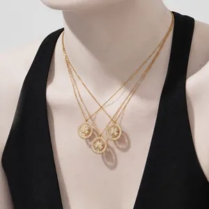 Collier Pendentif Cercle Trèfle À Quatre Feuilles Acier Inoxydable Plaqué Or 18K Pavé Zircon Bijoux Tendance Pour Femmes