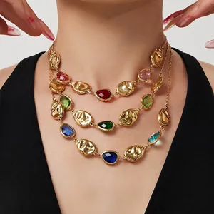 Faceted Waterdrop Glass Stone Necklace Stainless Steel Irregular Hammered Metal Bohemian Luxury Jewelry For Women