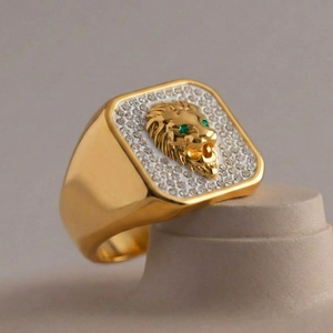 Men's 18K gold plated stainless steel square lion head ring with sparkling pavé stones