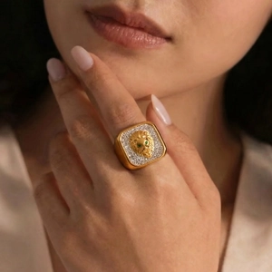 18k gold plated stainless steel square lion head ring with emerald eyes and pave diamonds