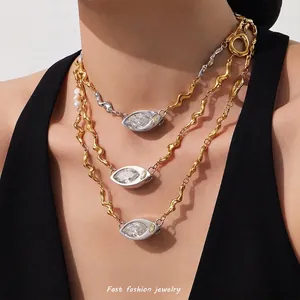 Marquise Zircon Pendant Necklace Stainless Steel Irregular Wave Chain With Freshwater Pearl Modern Fashion Jewelry