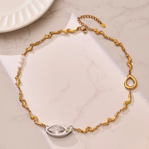 Gold wave chain necklace with marquise zircon pendant and natural freshwater pearls
