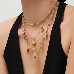 Layered Necklace Stainless Steel 18K Gold Plated Rhinestone Cross Heart Angel Red Chili Pendant Vintage Religious Jewelry Women